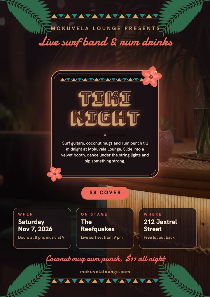 Tiki lounge night flyer with live surf band template