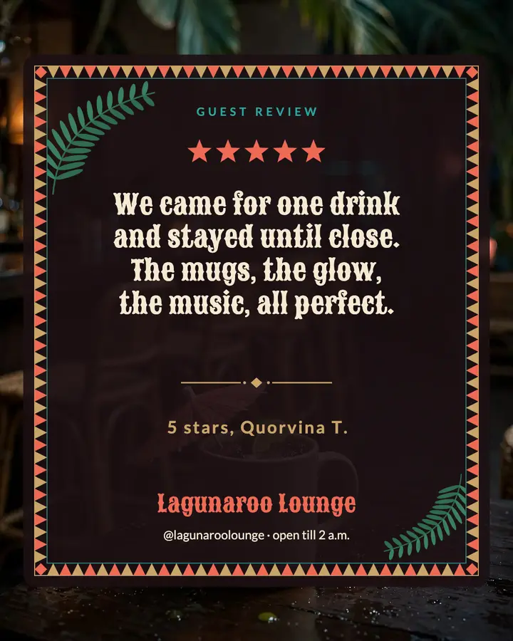 Lagunaroo Lounge tiki review card: bar review card template