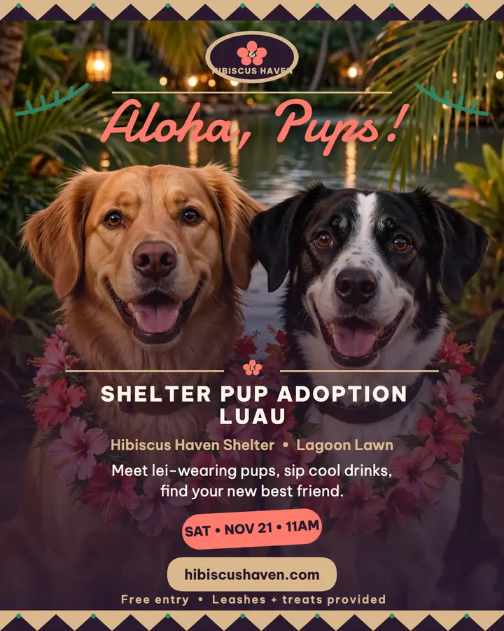 Hibiscus Haven adoption luau post: dog adoption instagram post template