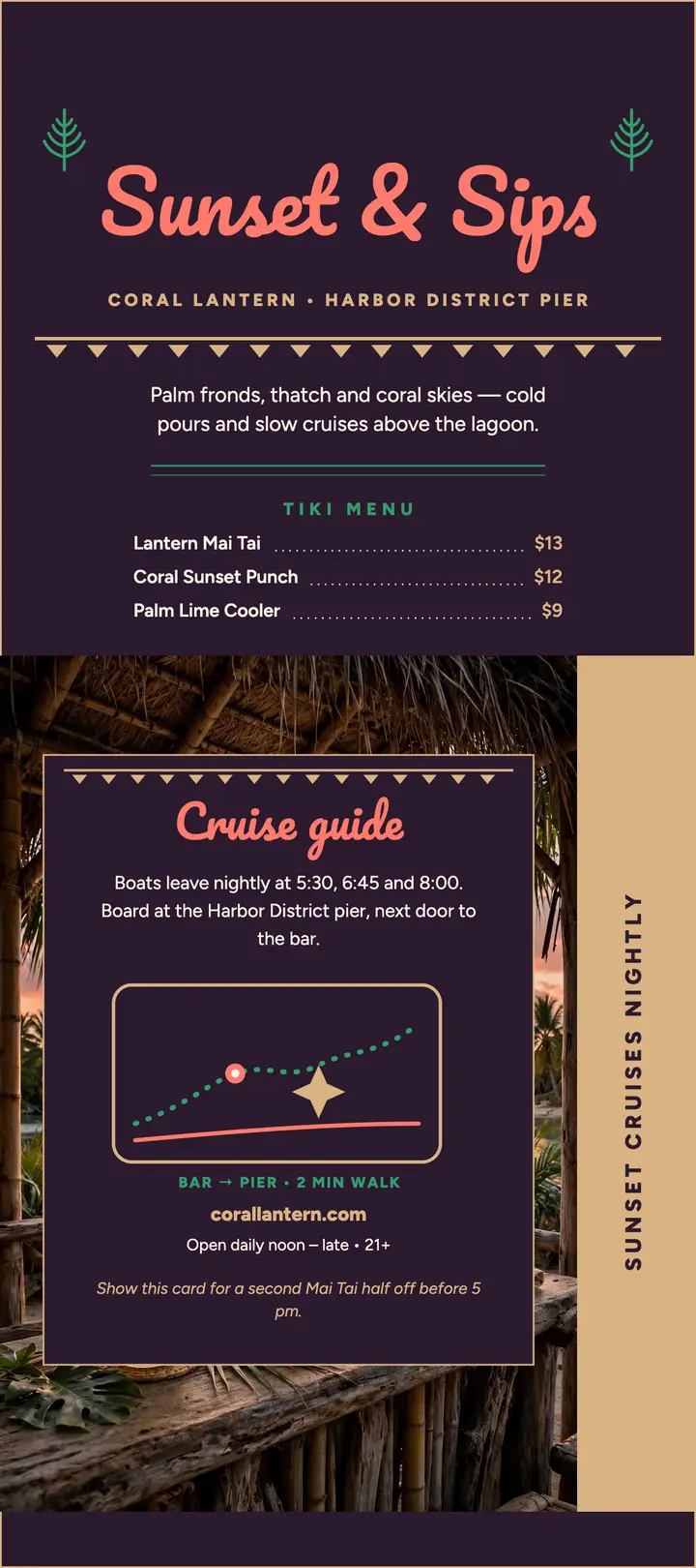 Coral Lantern sunset sips rack card template