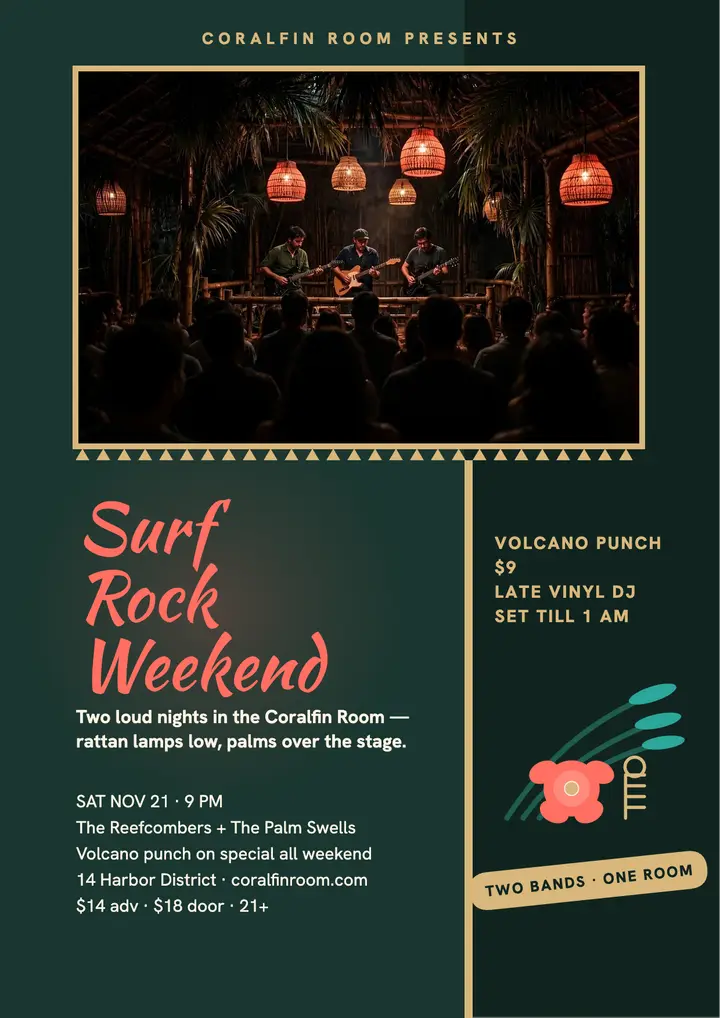 Coralfin Room surf rock weekend flyer template