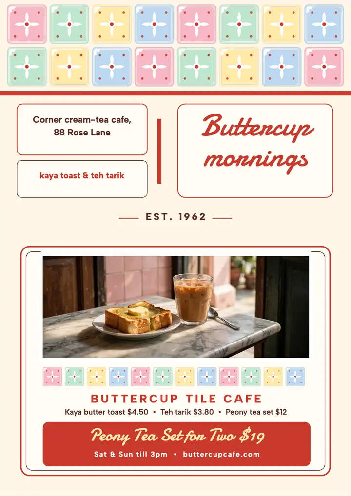 Buttercup Tile Cafe tea flyer template