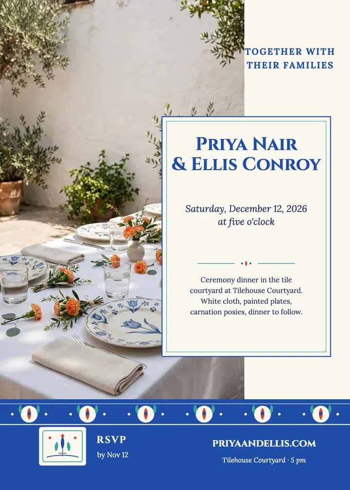 Tile courtyard wedding invitation, Priya and Ellis template