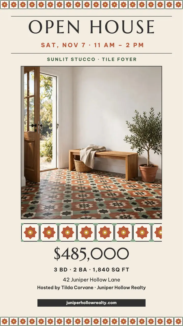 Tile foyer open house story, sunlit stucco template