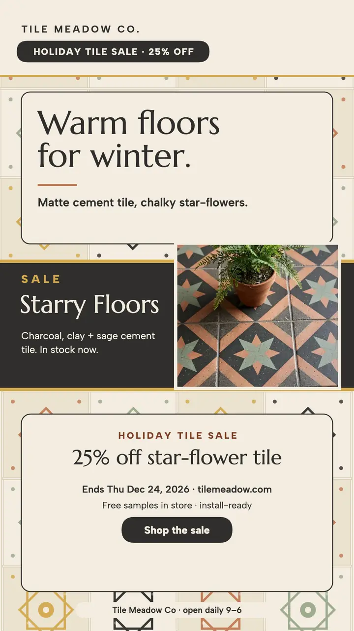 Tile Meadow holiday tile sale story template