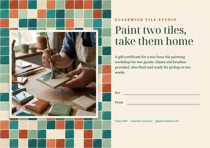 Glazewick Tile Studio painting workshop gift certificate, zellige glaze template
