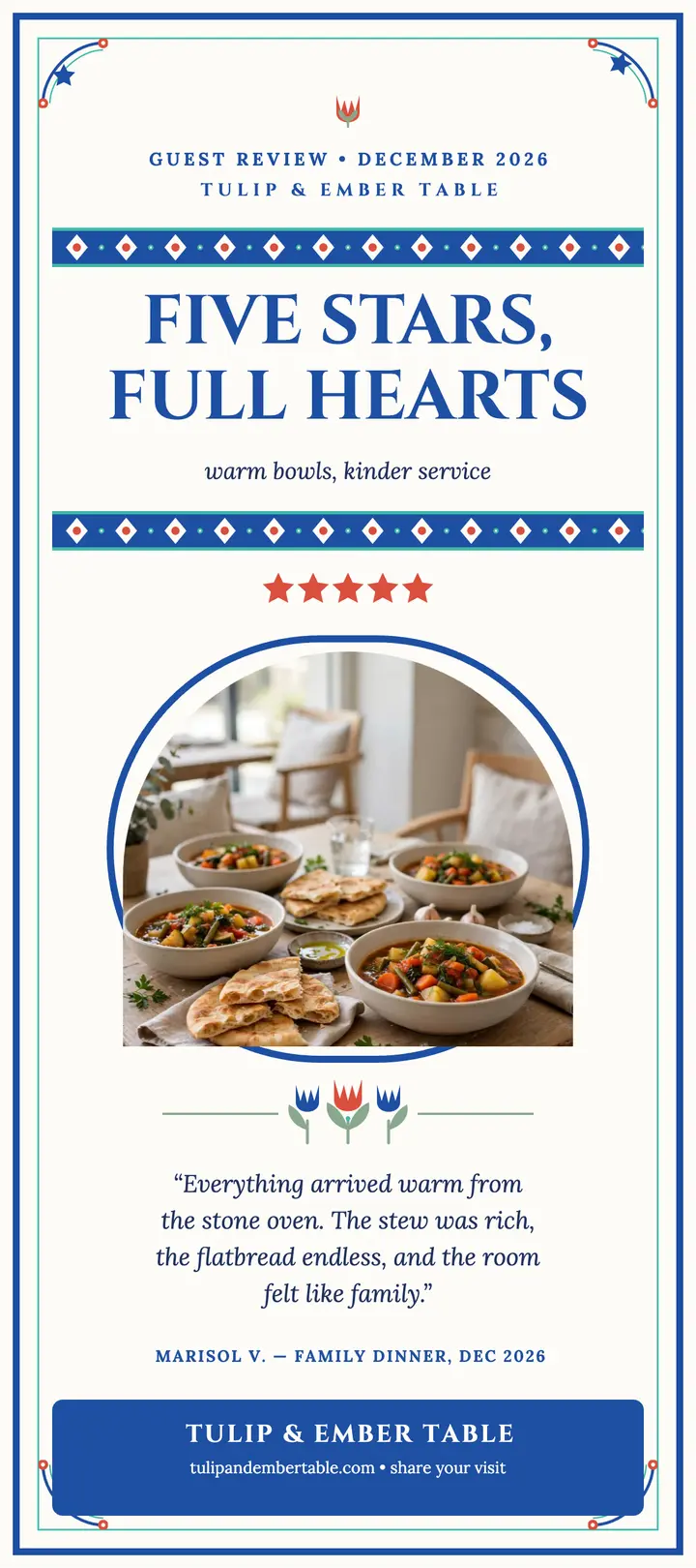 Tulip and Ember Table five-star review card template