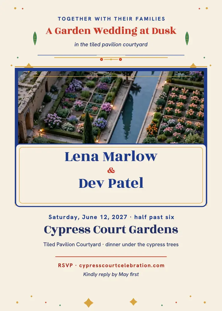 Tiled garden wedding invitation at dusk: garden wedding invitation template