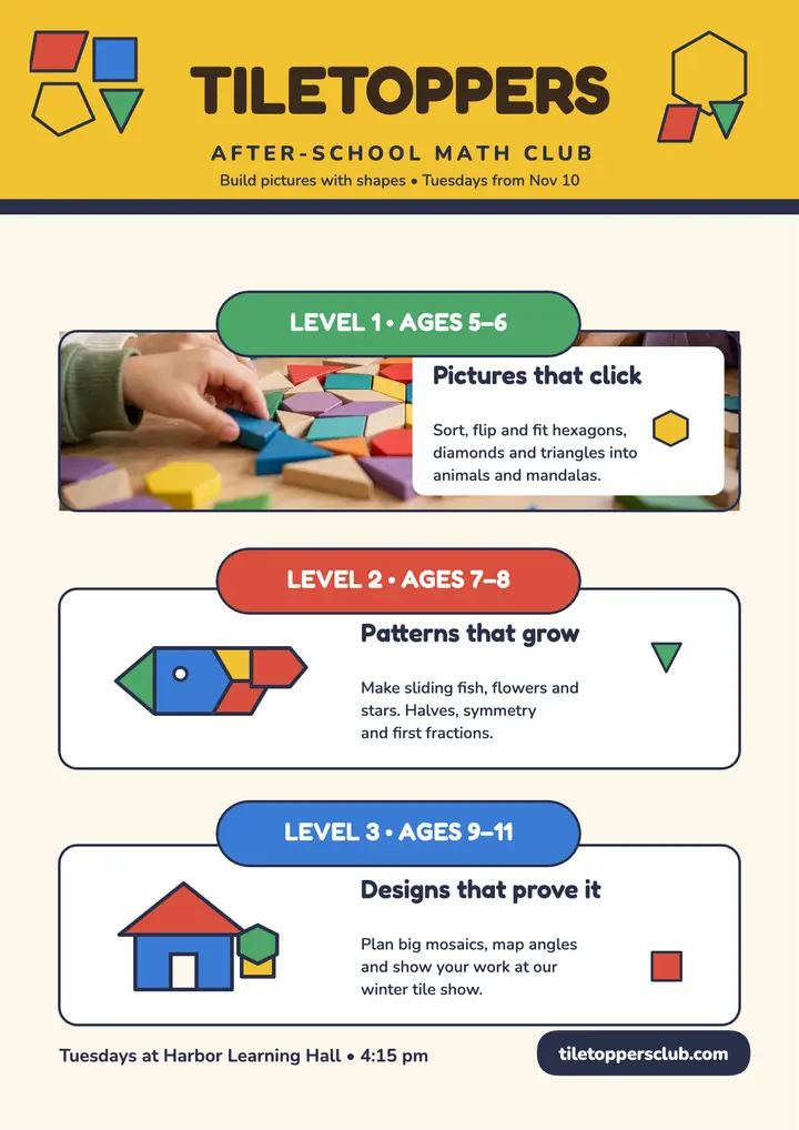 Tiletoppers math club flyer, pattern blocks: math club flyer template