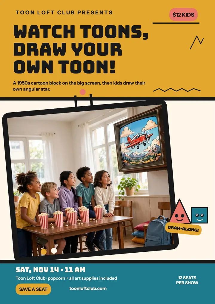 Tilted toon workshop flyer, cartoon screening template