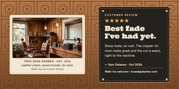 True Edge Barber pressed-tin review card template