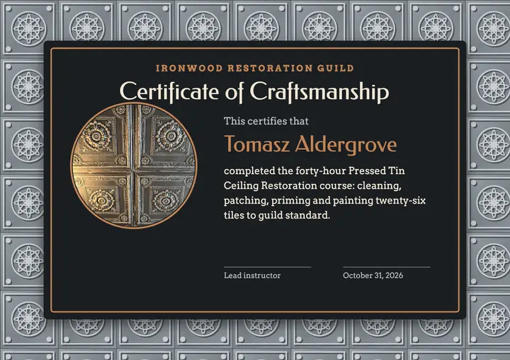 Ironwood Guild tin ceiling craftsmanship certificate template