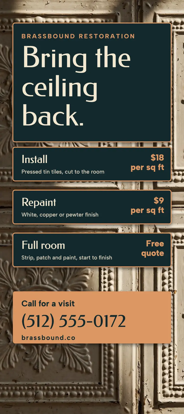 Brassbound tin ceiling restoration rack card: tin ceiling restoration rack card template