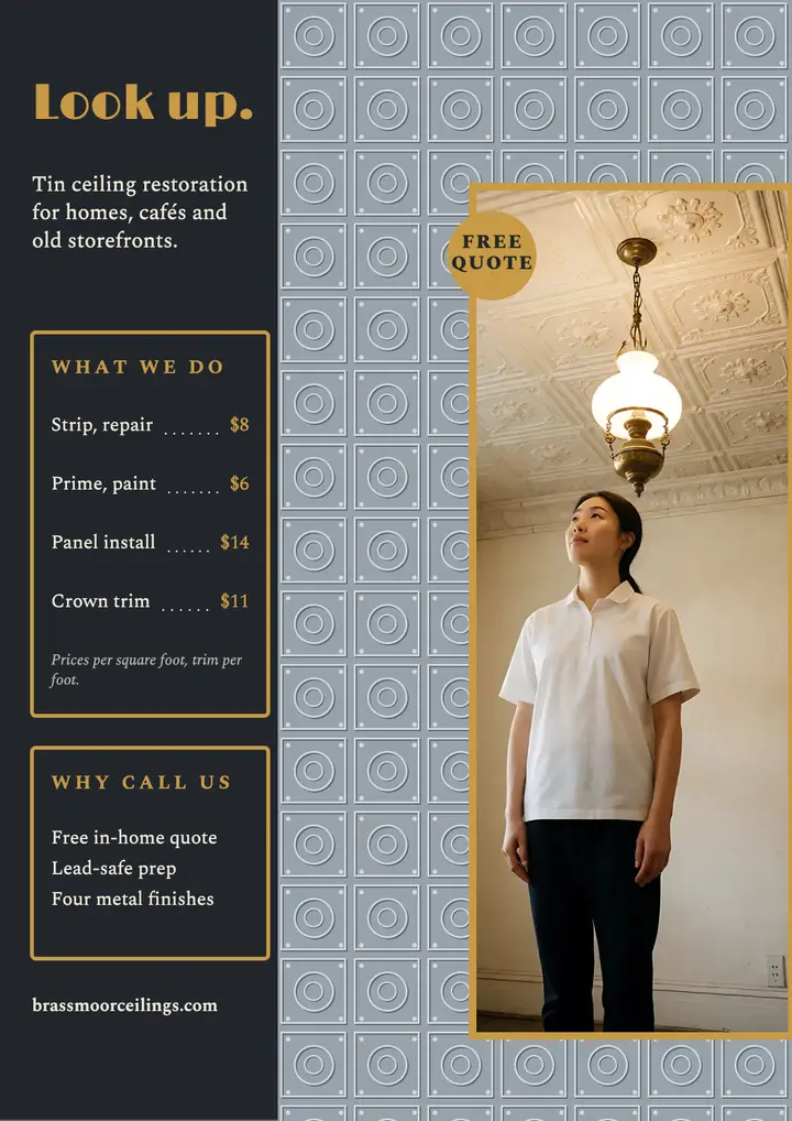 Brassmoor tin ceiling restoration flyer: tin ceiling restoration flyer template