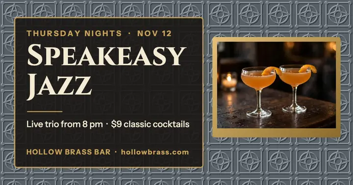 Hollow Brass speakeasy jazz night post: jazz night facebook post template