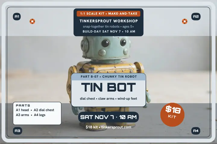 Tinkersprout tin robot build day postcard template
