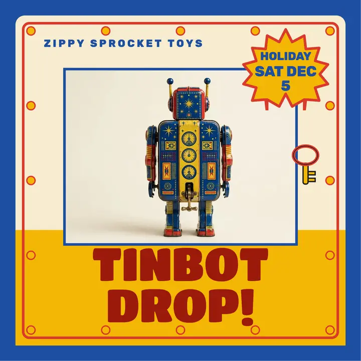 Zippy Sprocket tin robot holiday drop cover: toy drop podcast cover template