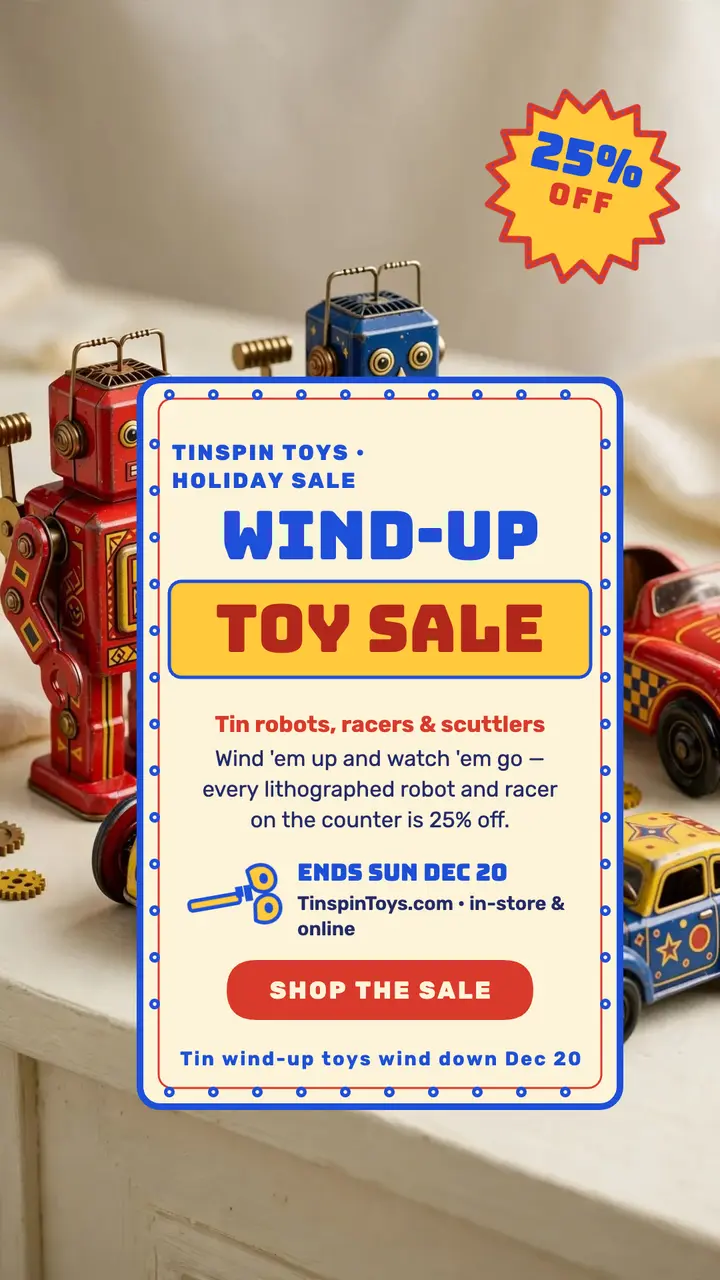 Tinspin Toys holiday wind-up sale story template