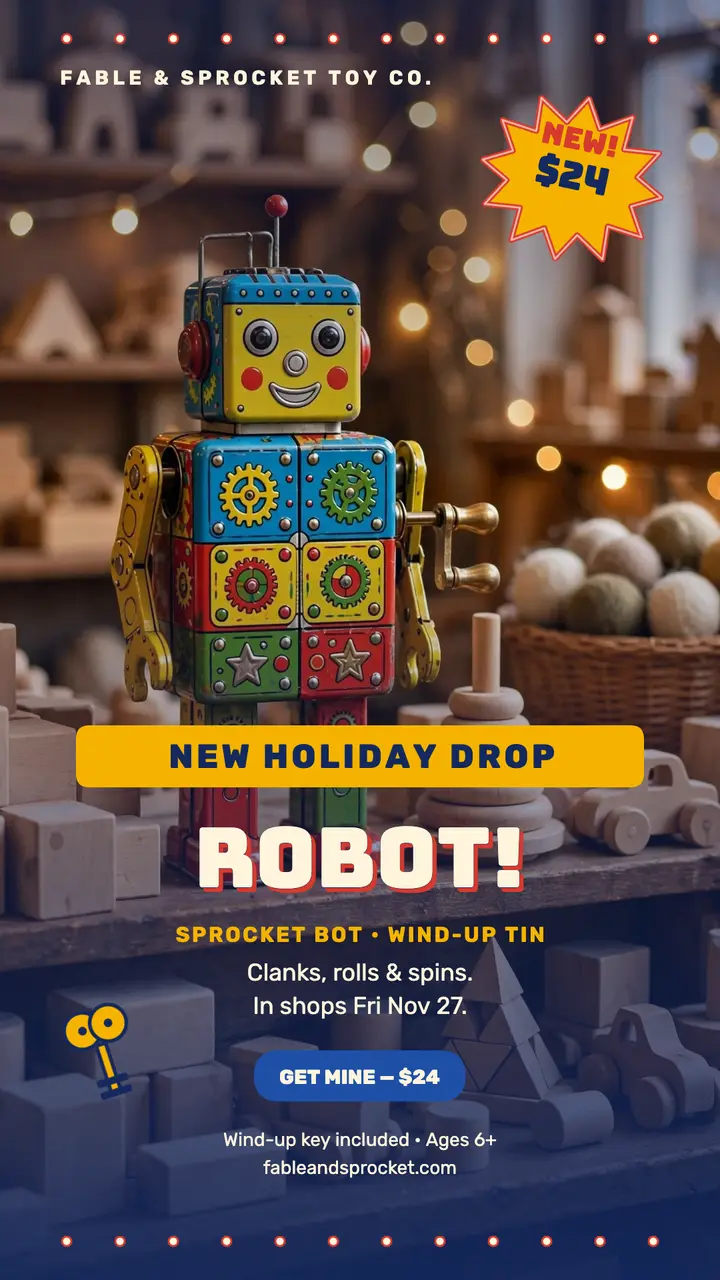 Sprocket Bot tin robot holiday drop story template