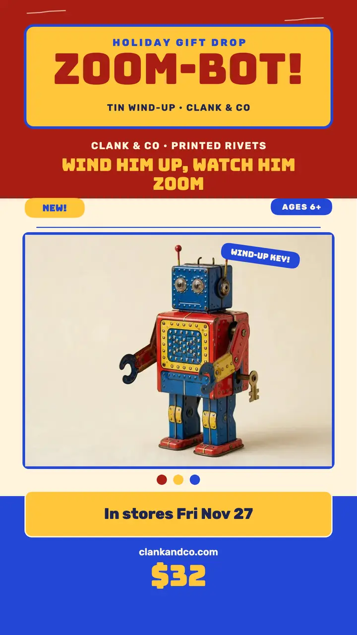 Zoom-Bot tin robot holiday drop story template