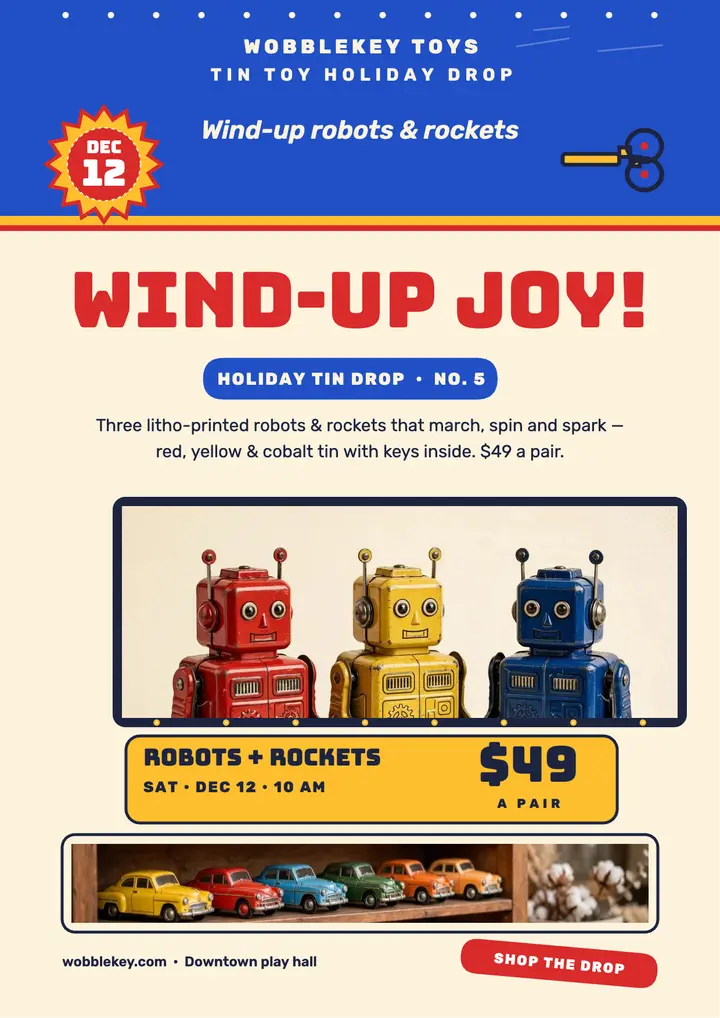 Wobblekey tin toy holiday drop flyer: tin toy drop flyer template