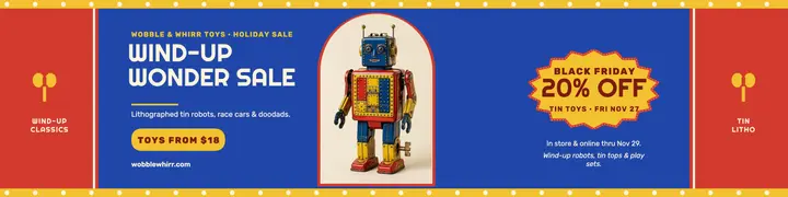 Wobble and Whirr tin toy sale banner template