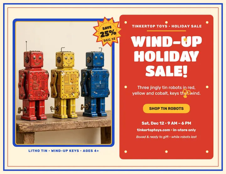 Tinkertop tin robot holiday sale flyer template