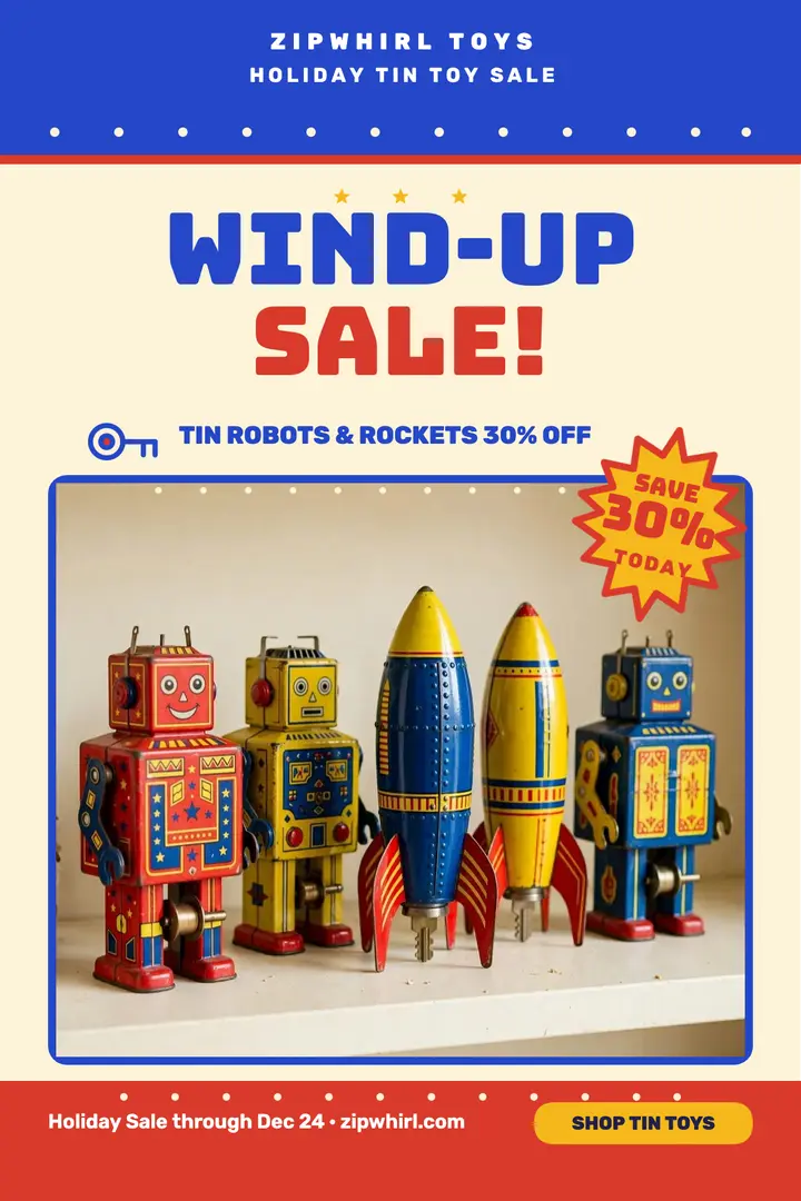 Zipwhirl holiday tin toy sale poster template