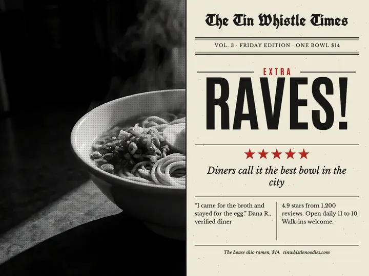 Noodle bar raves slide, newspaper front page template