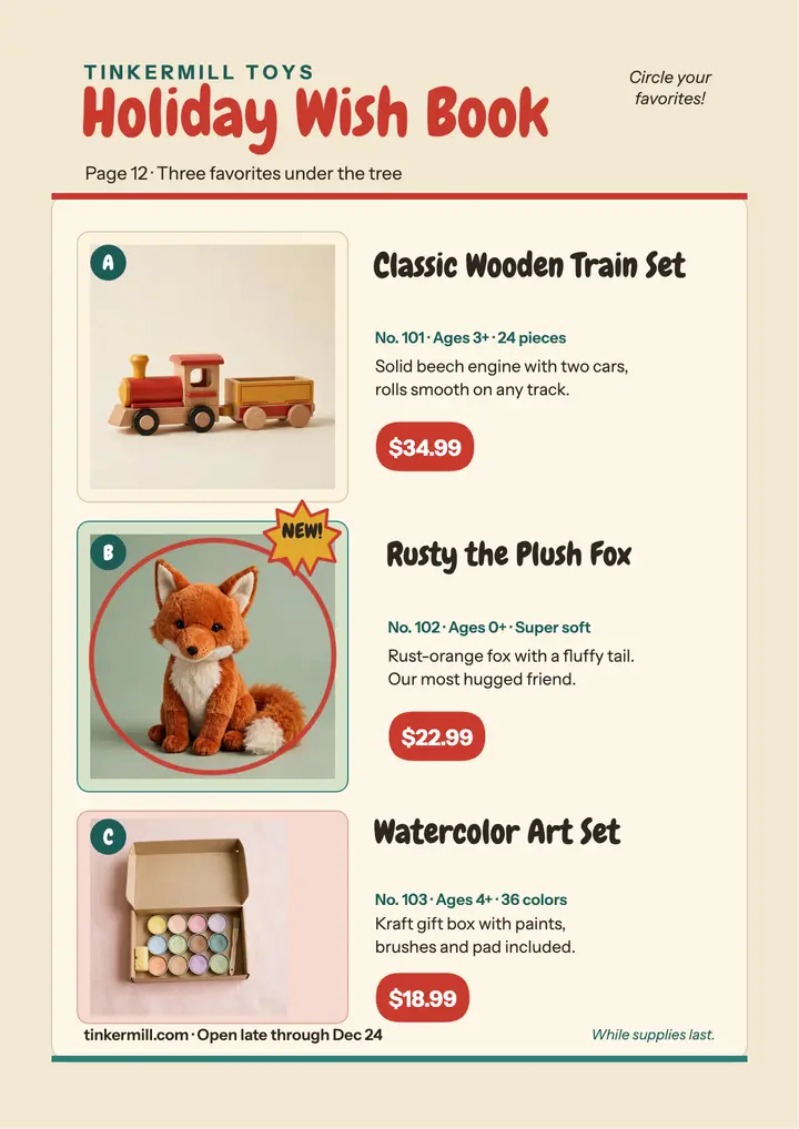 Tinkermill holiday toy wish book page template
