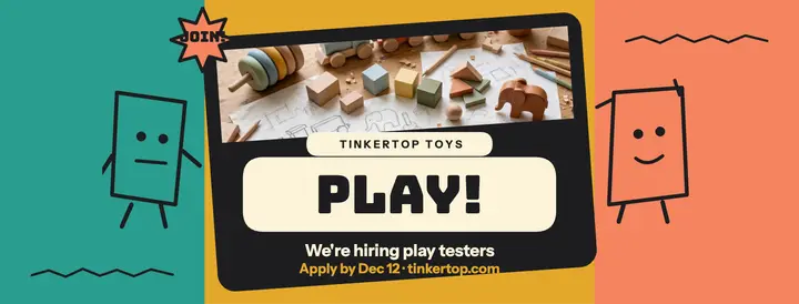 Tinkertop Toys hiring play testers cover template