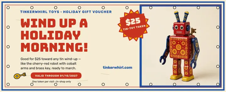 Tinkerwhirl tin robot holiday voucher template
