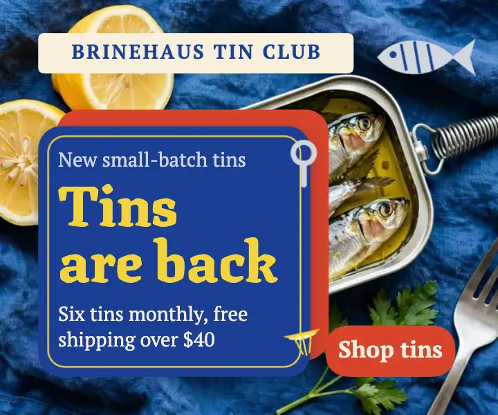Tinned fish club restock ad, tin label style template
