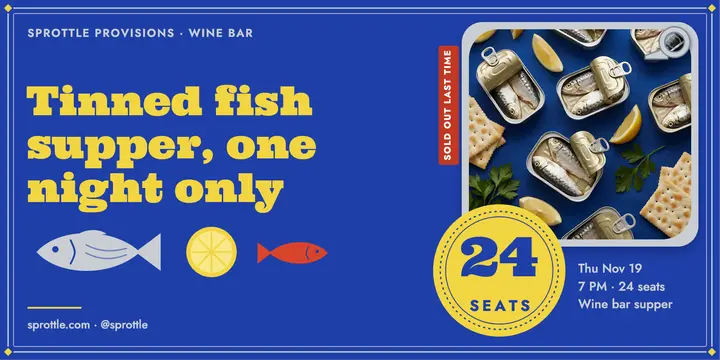 Sprottle Provisions tinned fish supper pop-up post template