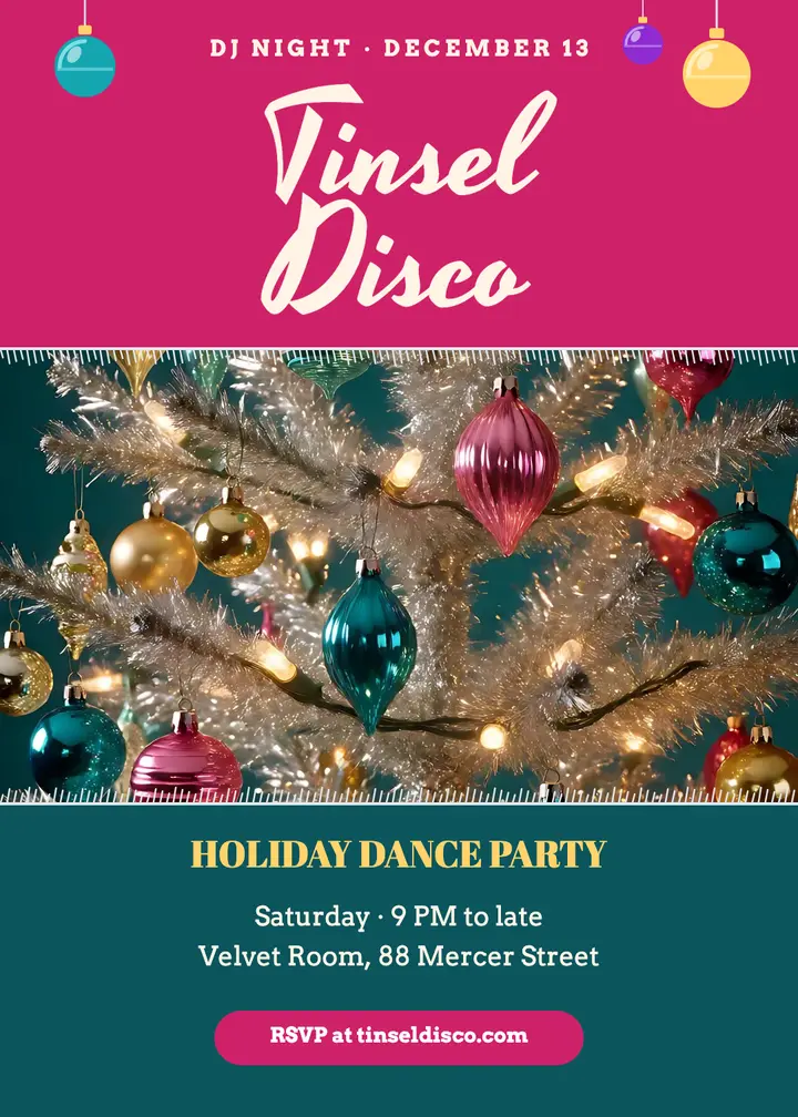 Tinsel Disco holiday DJ night invitation template