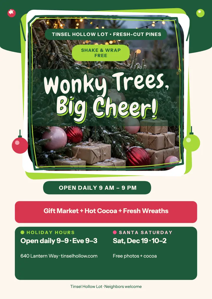 Tinsel Hollow wonky tree lot flyer template