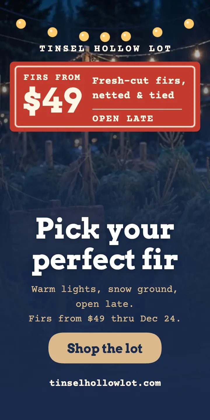 Tinsel Hollow night tree lot half-page ad template