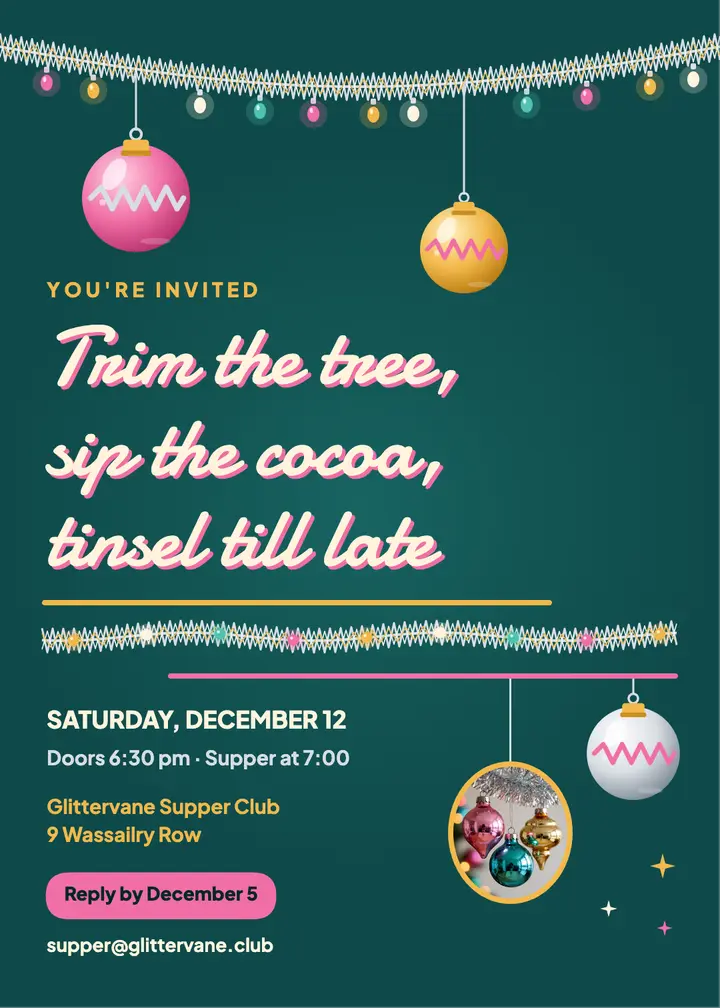 Glittervane holiday supper invitation, retro tinsel template