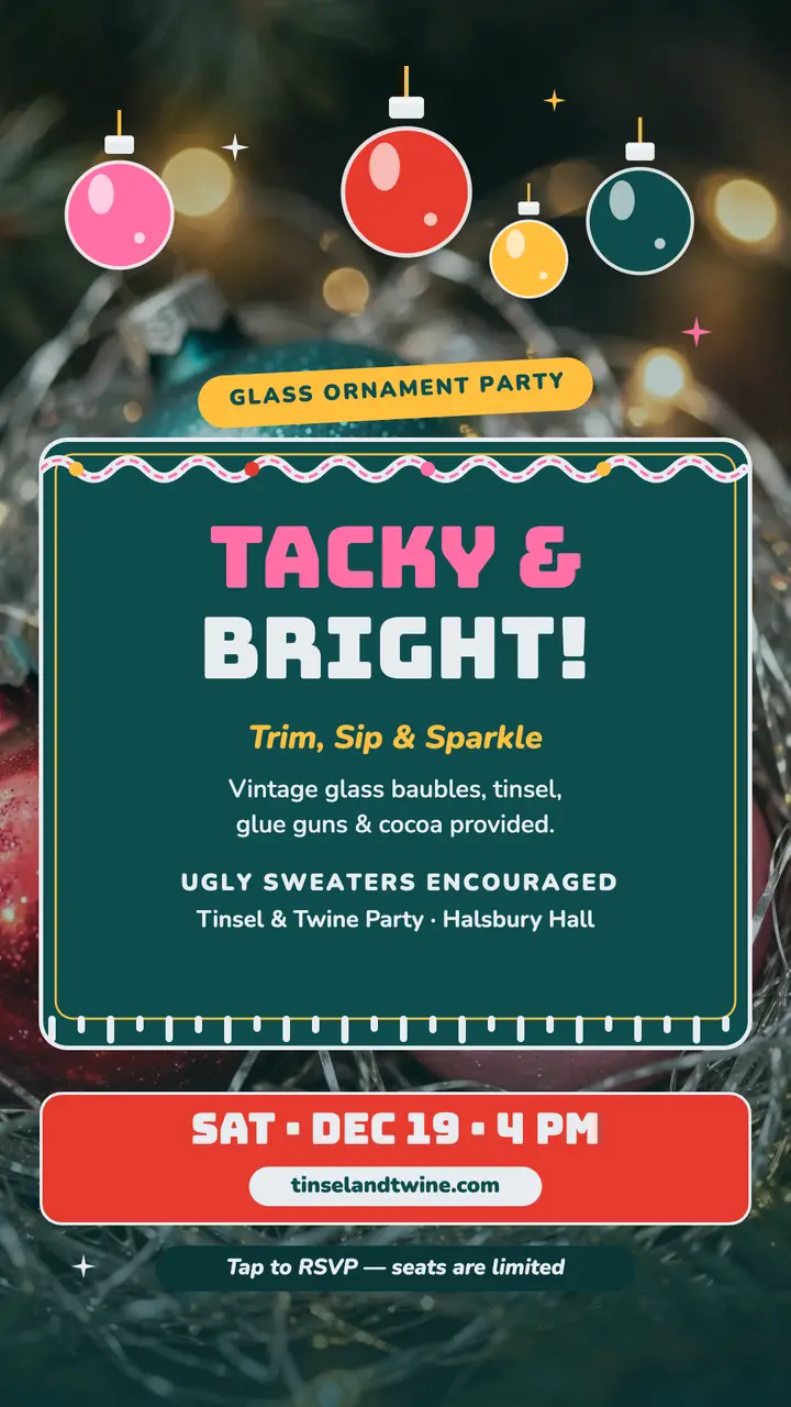 Tinsel and Twine tacky ornament party story template