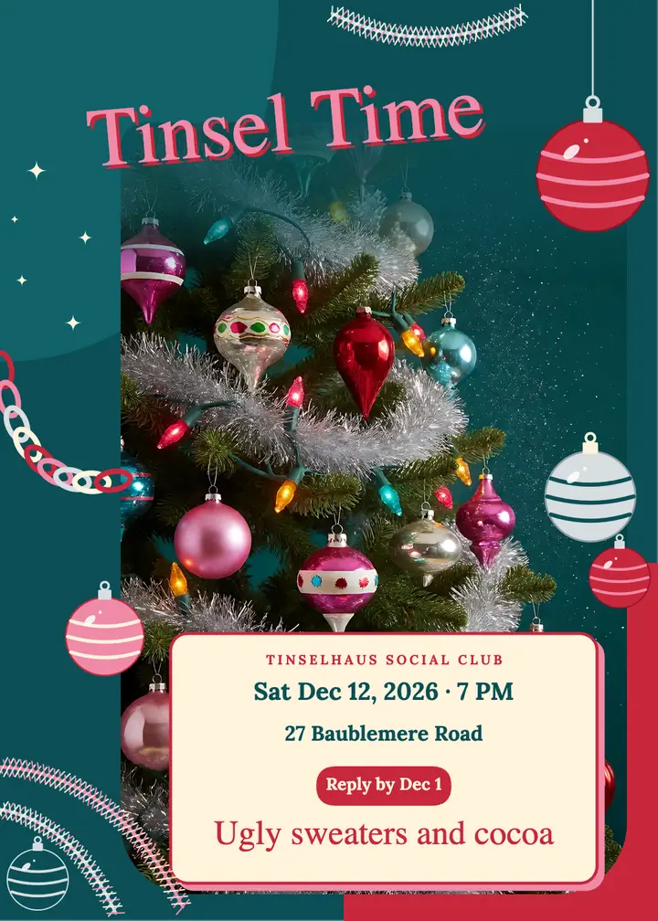 Tinsel Time holiday party invitation, kitschmas template