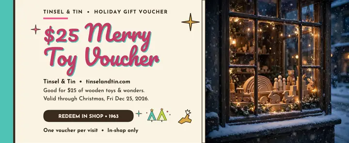 Tinsel and Tin holiday toy voucher template