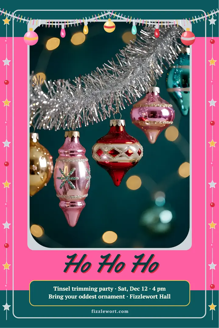 Tinsel trimming party holiday poster, kitschmas template