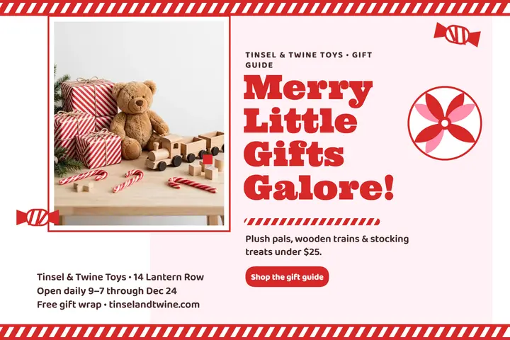 Tinsel and Twine holiday toy postcard: toy shop holiday postcard template