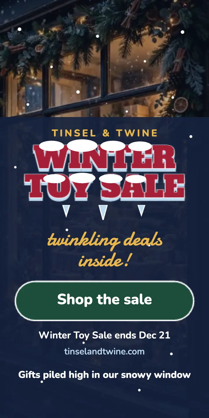 Tinsel and Twine winter toy sale ad: toy sale ad template