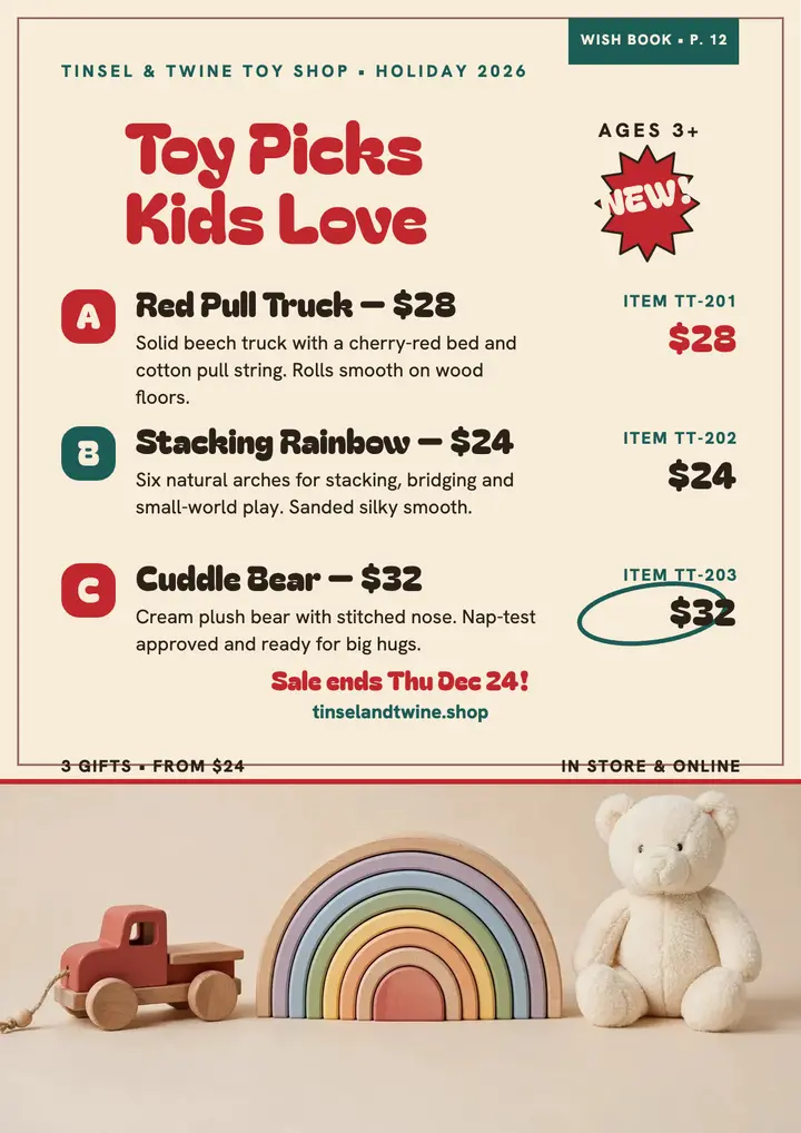 Tinsel and Twine holiday toy picks flyer template