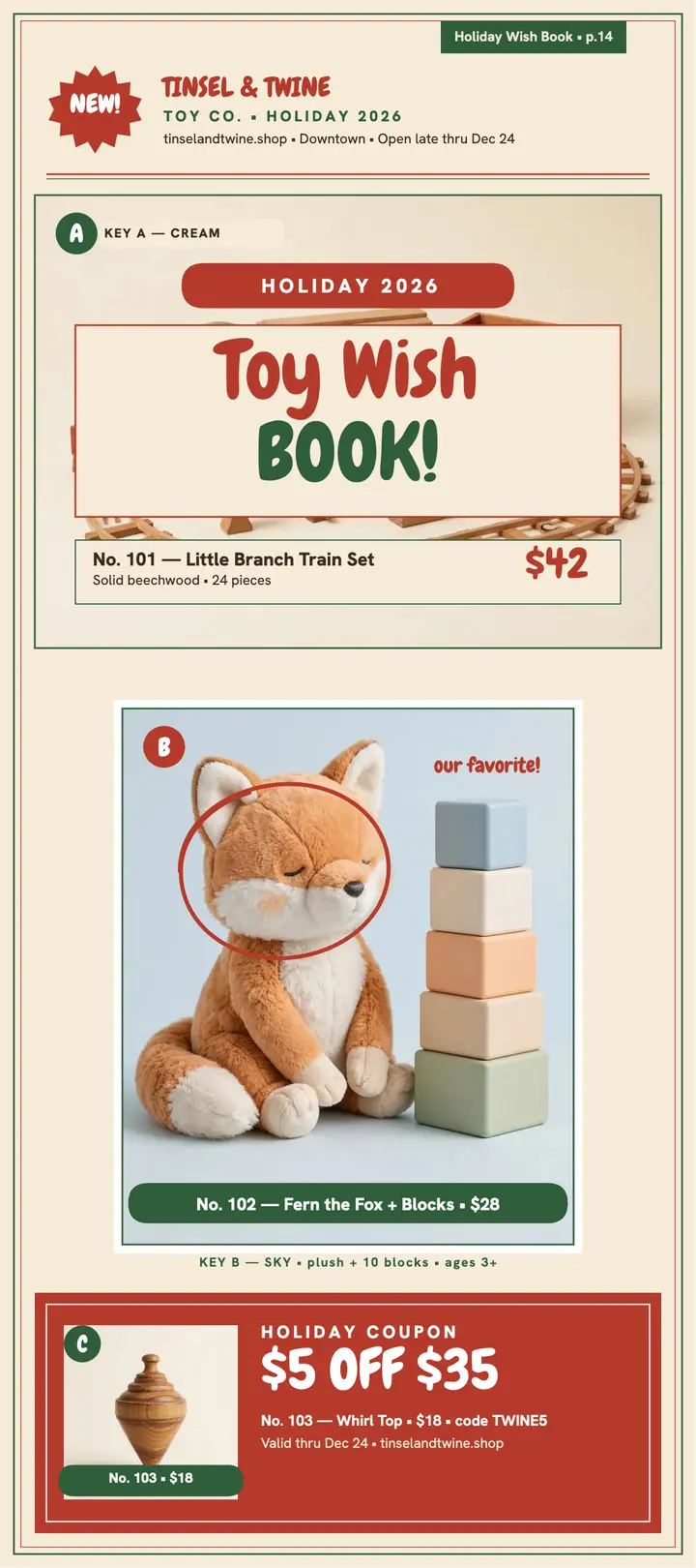 Tinsel and Twine holiday toy catalog card template