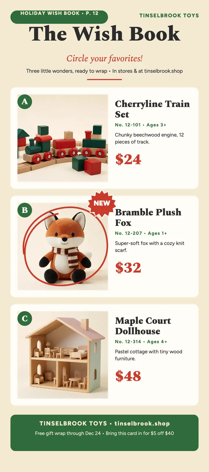 Tinselbrook Toys holiday wish book card template