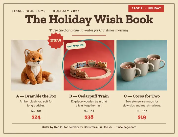 Tinselpage Toys holiday wish book flyer template