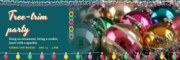 Tinselton tree-trimming party kitschmas header: christmas party header template