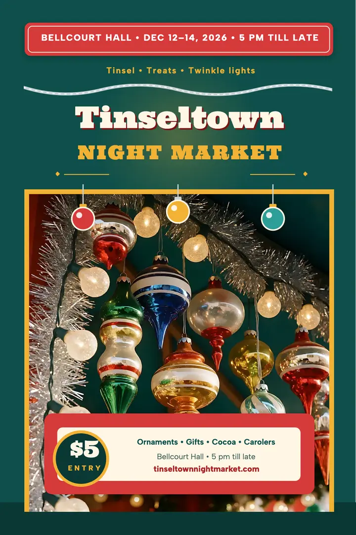 Tinseltown Night Market retro poster: holiday night market poster template